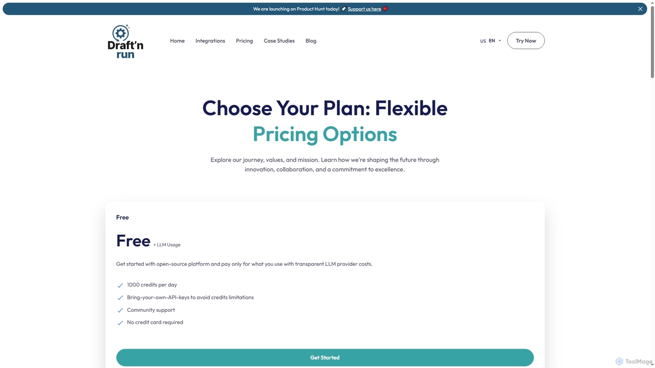Pricing Plans - Draft'n Run AI Agent Platform | Free & Custom Enterprise Options for Draftnrun