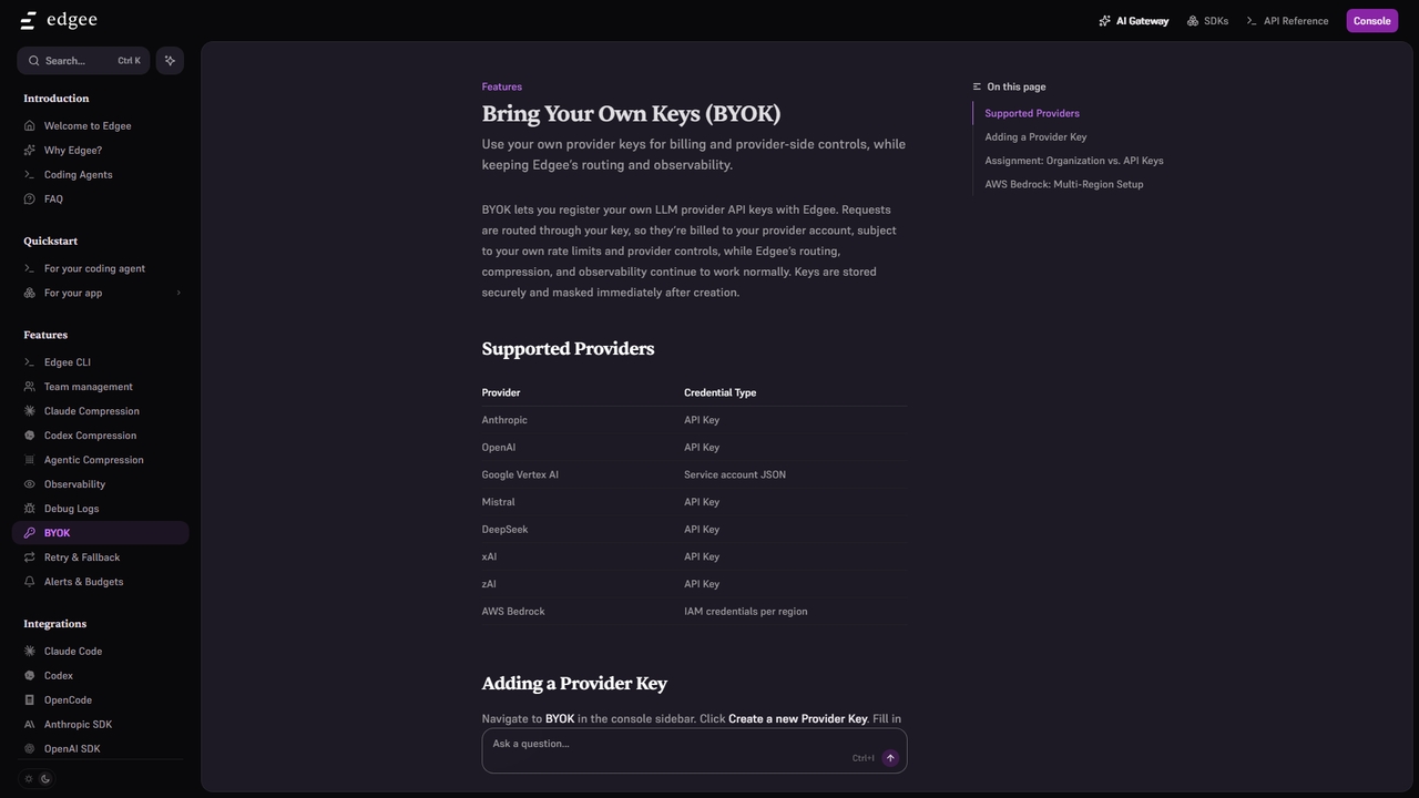 Bring Your Own Keys (BYOK) - Edgee documentation for Edgee