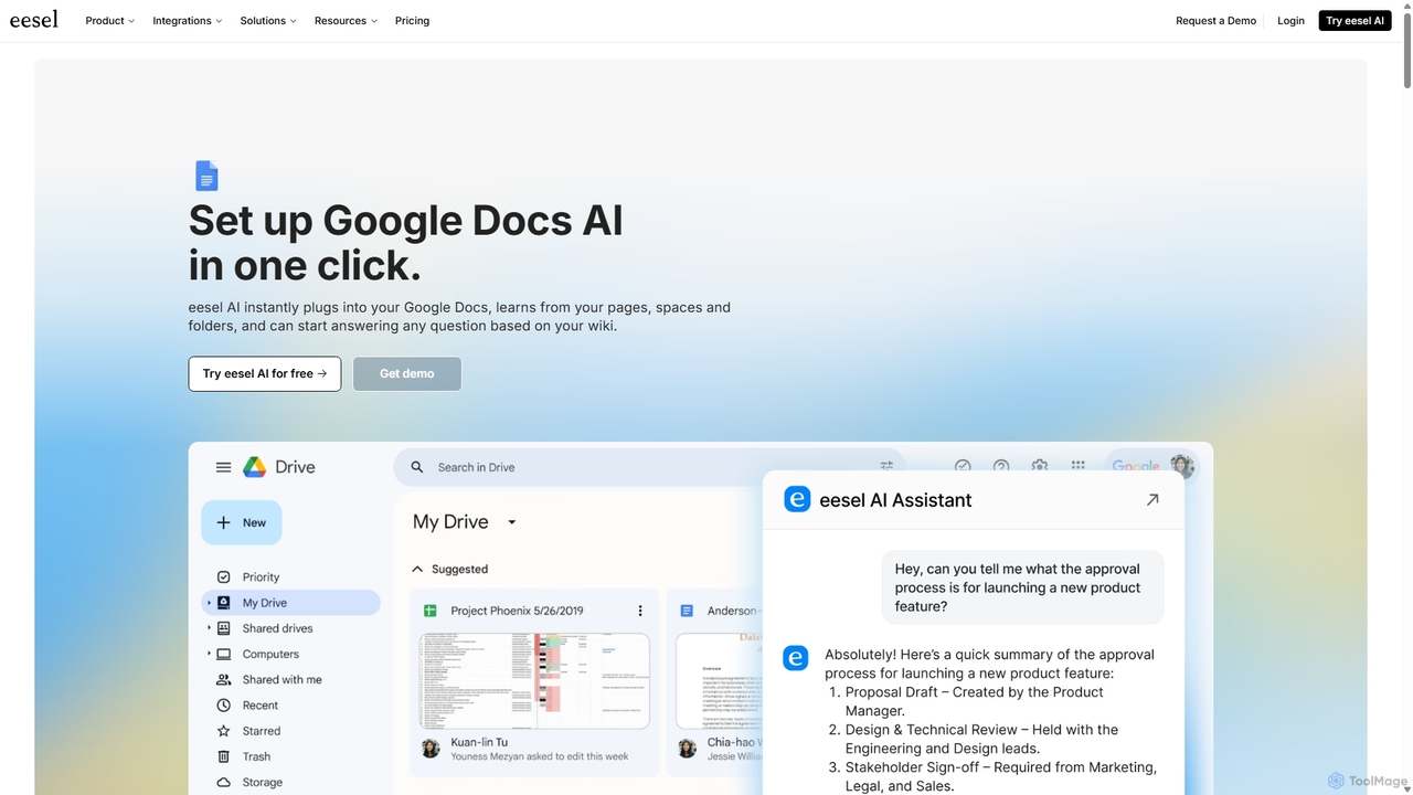 Google Docs AI chatbot | AI agent and copilot for fast answers for Eesel