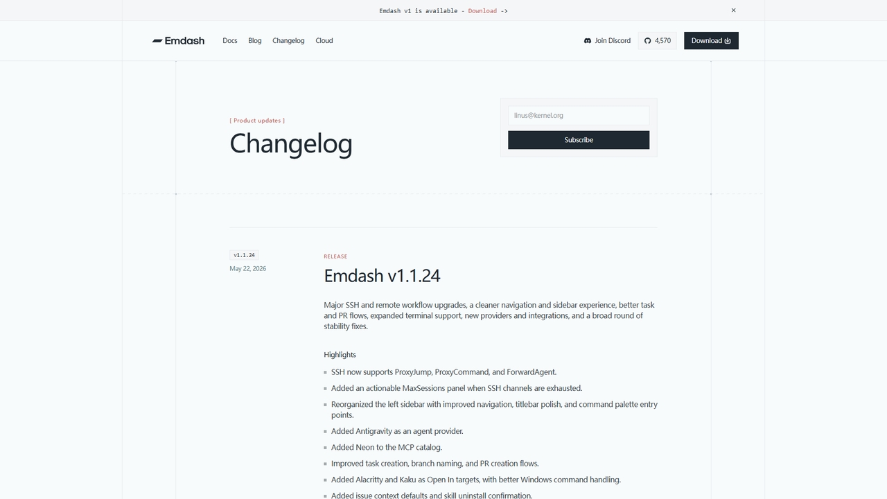 Changelog for Emdash
