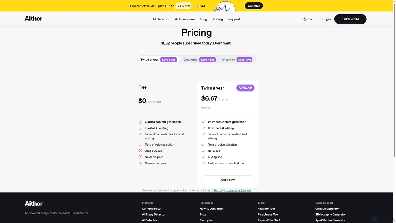 Pricing AI editor | Aithor.com for Essai