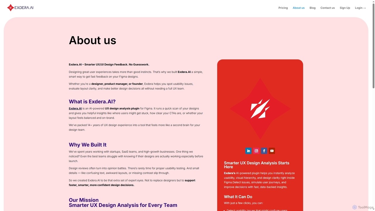 About Us | Exdera AI – UX Design Analysis for Figma Teams for Exdera
