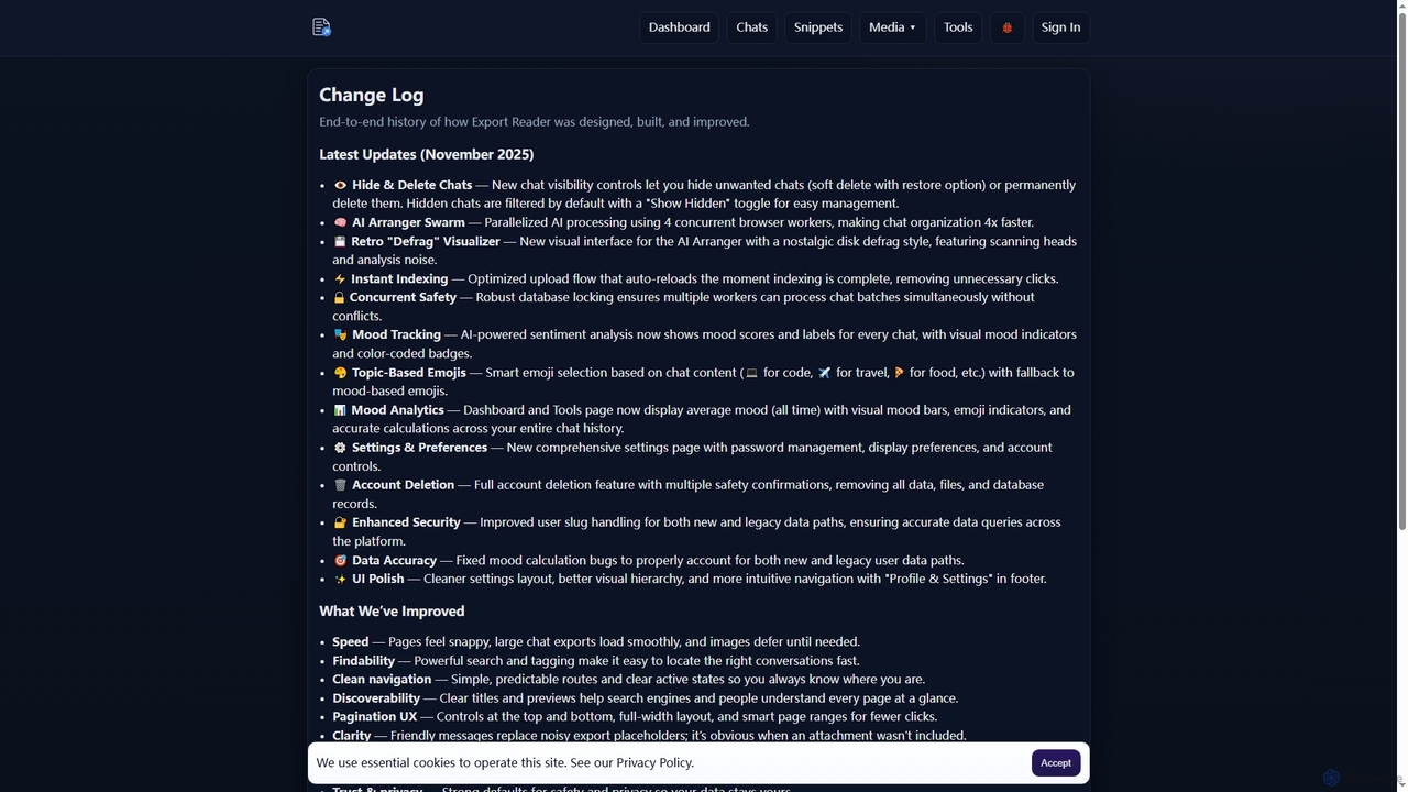 Change Log | Read ChatGPT chat exports for Export Reader