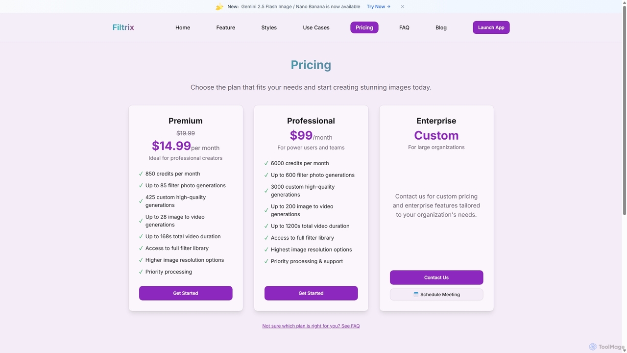 Pricing Plans - Filtrix AI Image Transformation for Filtrix