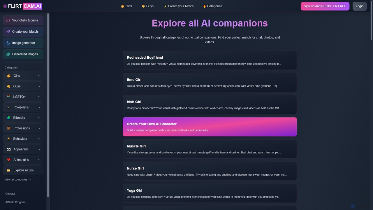 Explore all AI companions for Flirtcam