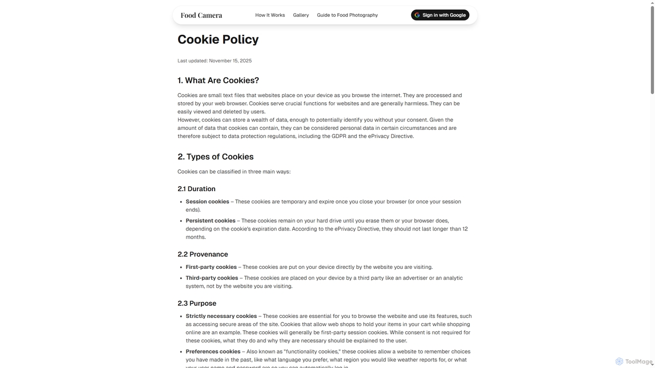 Cookie Policy - Food Camera for Food Camera