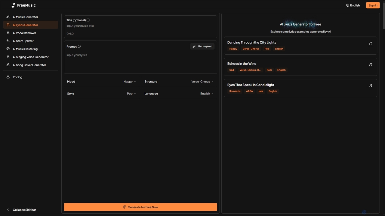 FreeMusic AI Lyrics Generator | Write Original Lyrics with AI for Freemusic