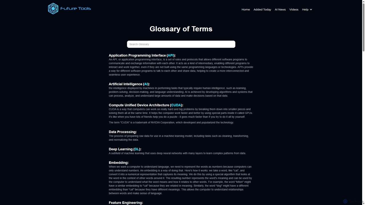 FutureTools Glossary of AI Related Terms for FutureTools