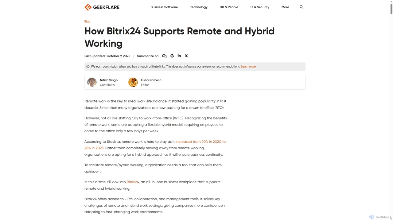 How Bitrix24 Supports Remote and Hybrid Working for Geekflare AI