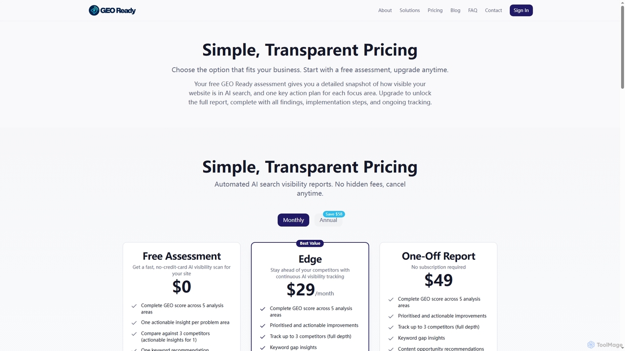 GEO Ready Pricing | Free Assessment, Subscription & One-Off Reports for GEO Ready