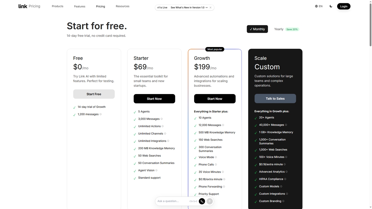 Pricing - Link AI Agentic Business Suite | Plans from $69/mo for Getlinkai