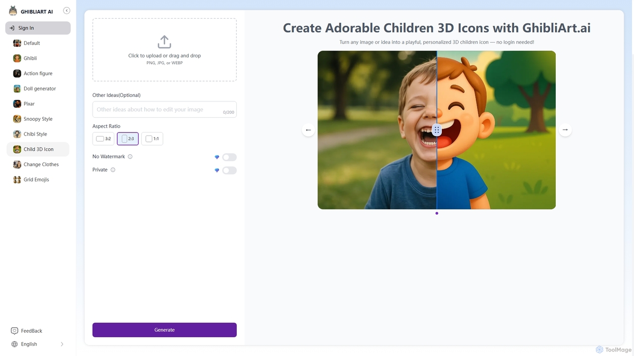 Free Children 3D Icon Generator – GhibliArt.ai | Create Cute 3D Avatars Instantly for GhibliArt.ai