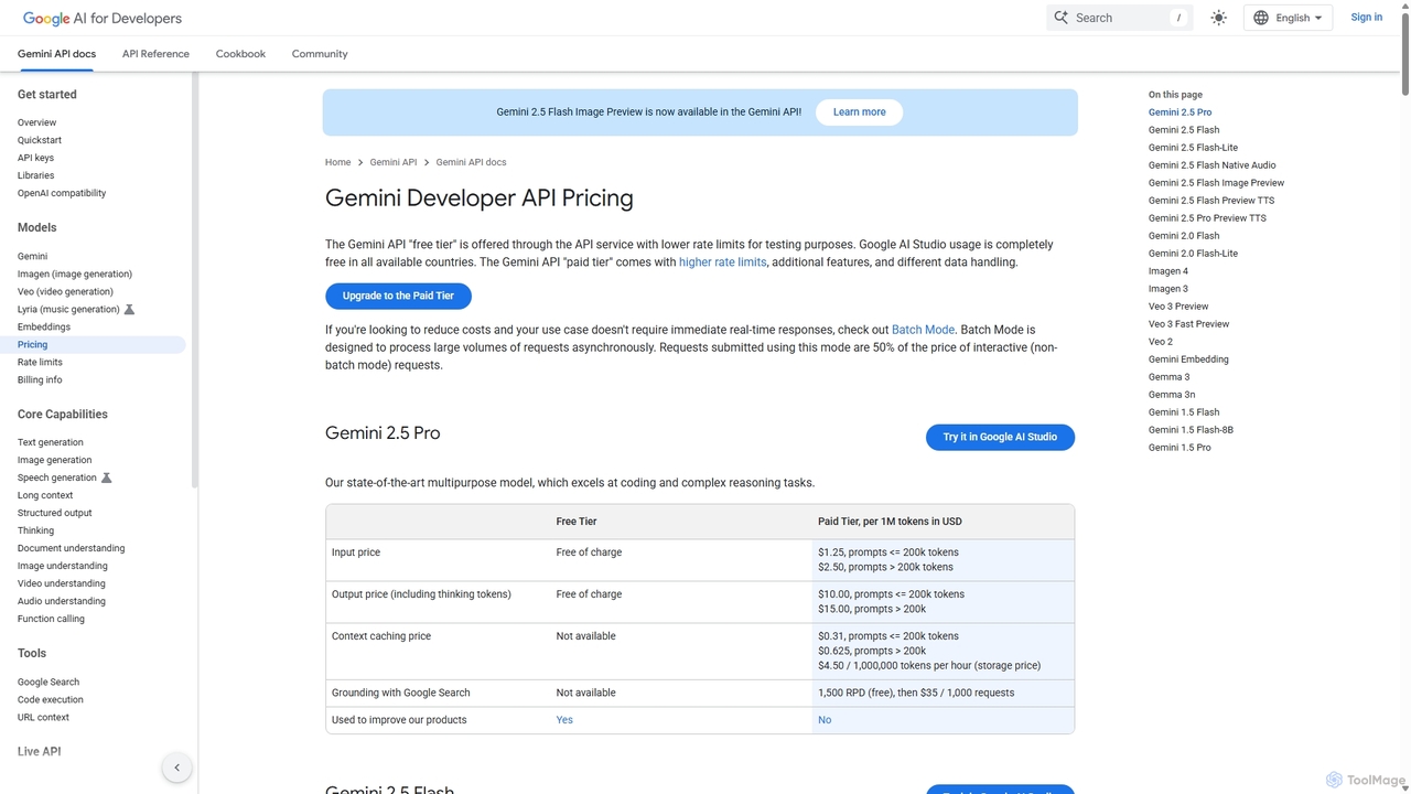 Gemini Developer API Pricing  |  Gemini API  |  Google AI for Developers for Google AI for Developers