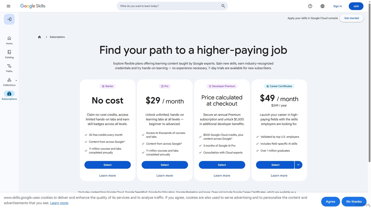 Purchase A Subscription | Google Skills for Google Skills