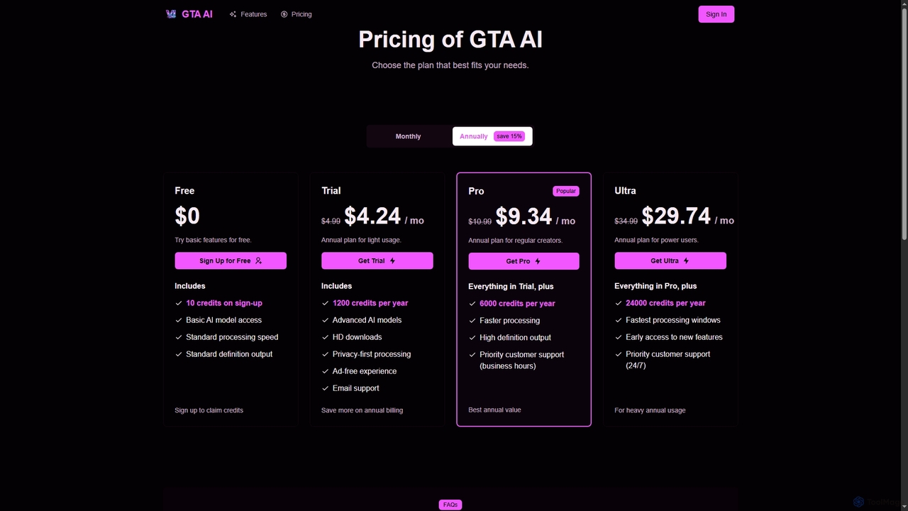 Pricing of GTA AI | GTAAI.APP for GTA AI