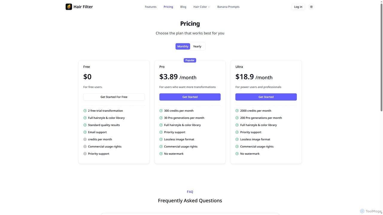Pricing | Hair Filter - Change hairstyle and hair color for free for Hairfilter