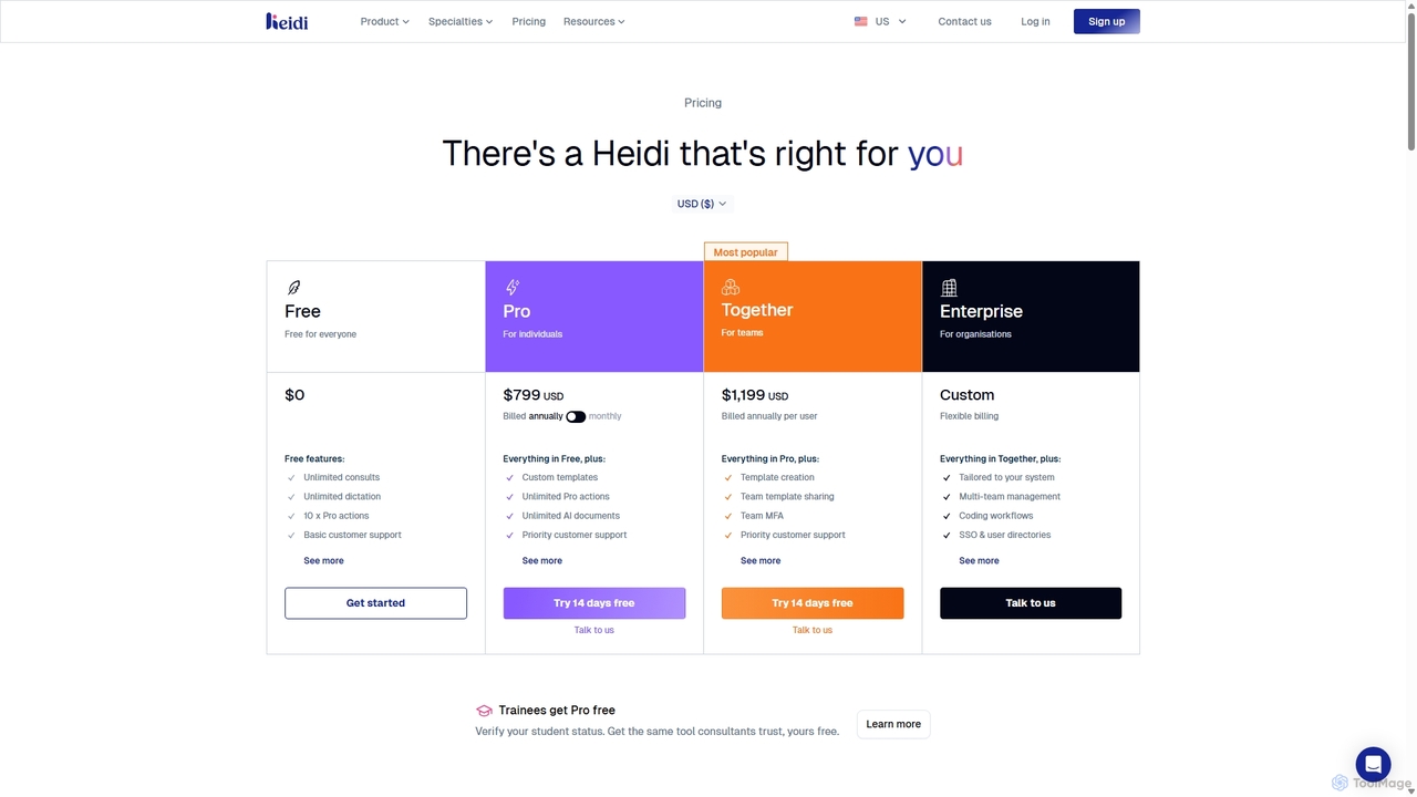 Heidi Health Pricing - Free, Pro, Enterprise | Global for Heidi Health