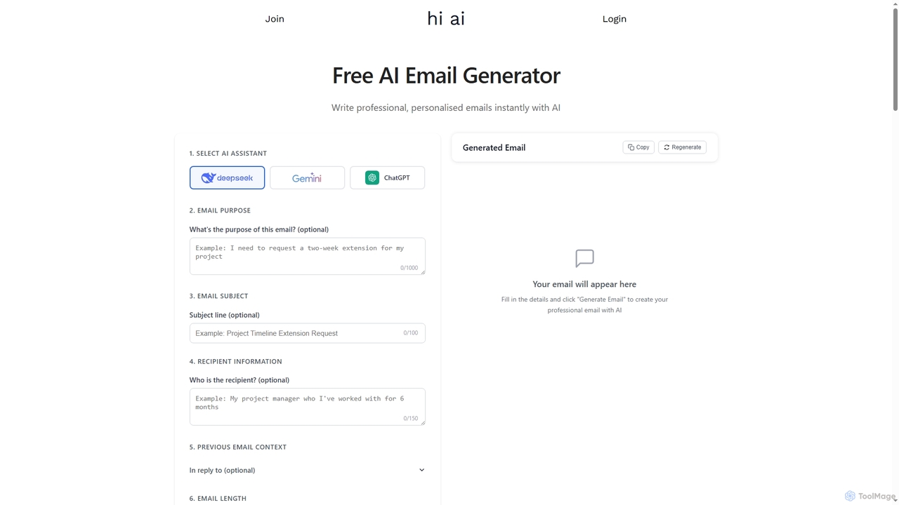 Free AI Email Generator | Compare DeepSeek, Gemini, ChatGPT | hi ai for Hiaireply