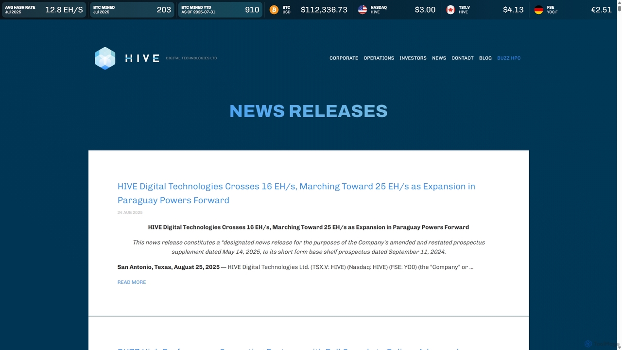News :: HIVE Digital Technologies for HIVE Digital Technologies