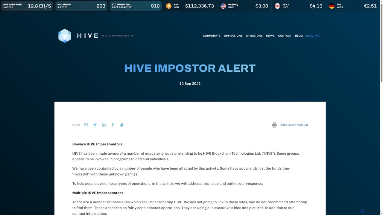 HIVE Impostor Alert :: HIVE Digital Technologies for HIVE Digital Technologies