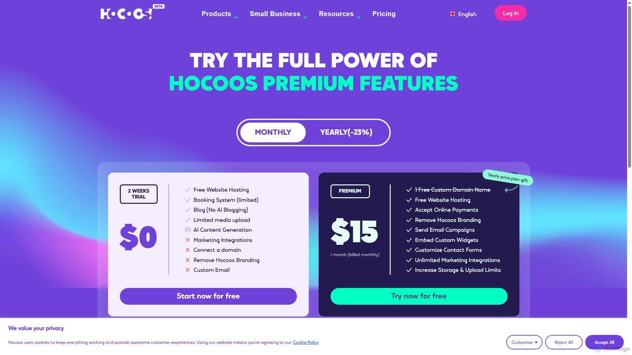 Hocoos AI website builder pricing for Hocoos