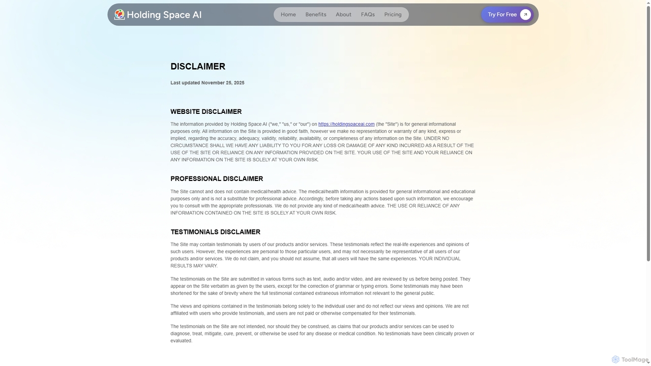 Disclaimer for Holding Space AI