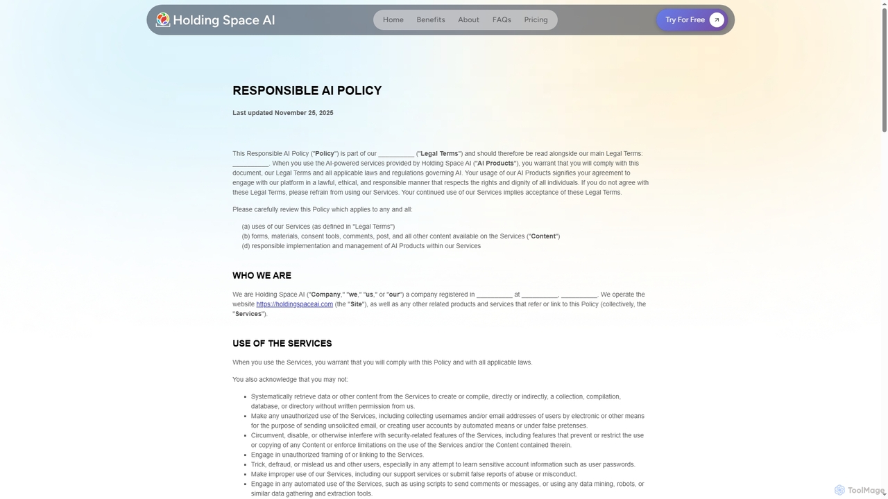 Responsible AI Policy for Holding Space AI