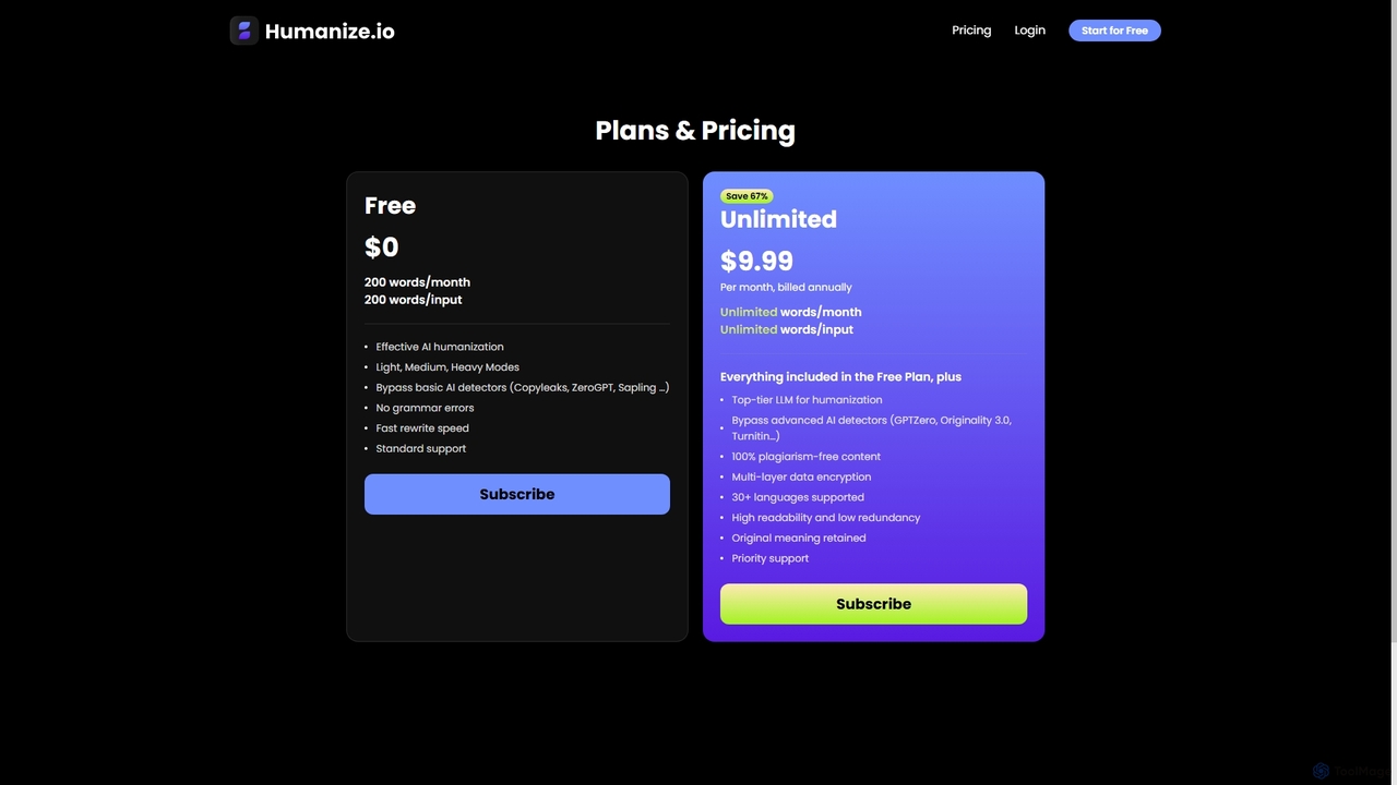 Plans & Pricing | Humanize.io for Humanize.io