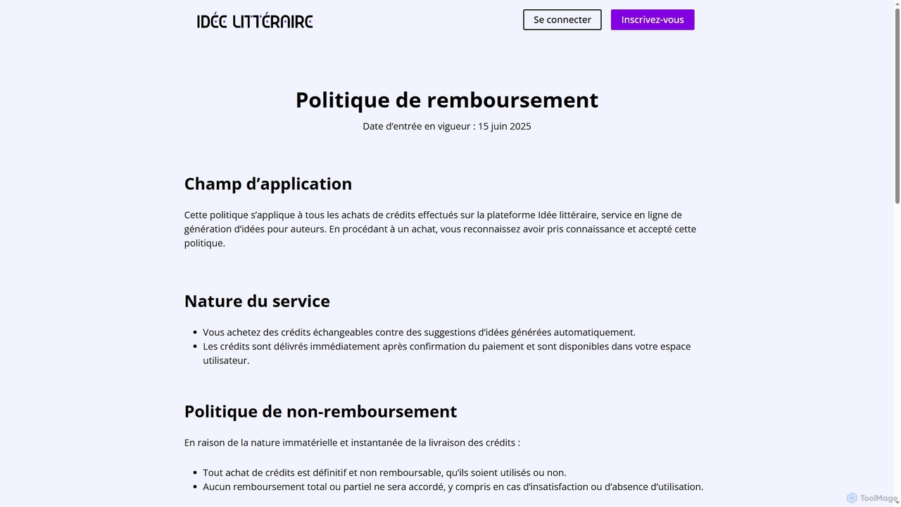 Politique de remboursement | Idée littéraire for Ideelitteraire