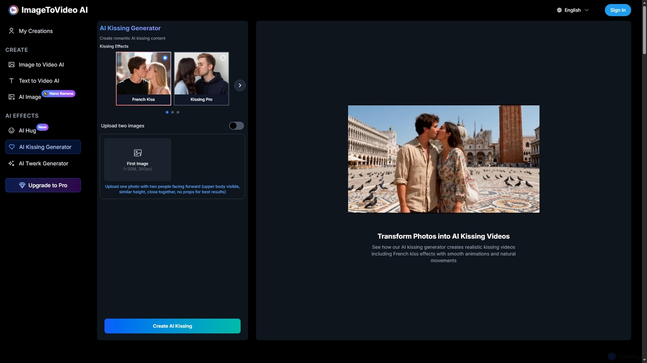 Free AI Kissing Generator | Create Romantic Kiss Videos for Imagetovideoai