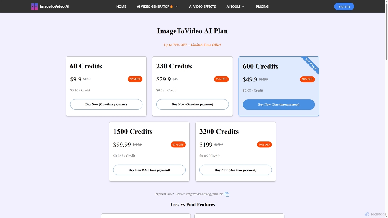 Pricing - ImageToVideo AI for ImageToVideoAI