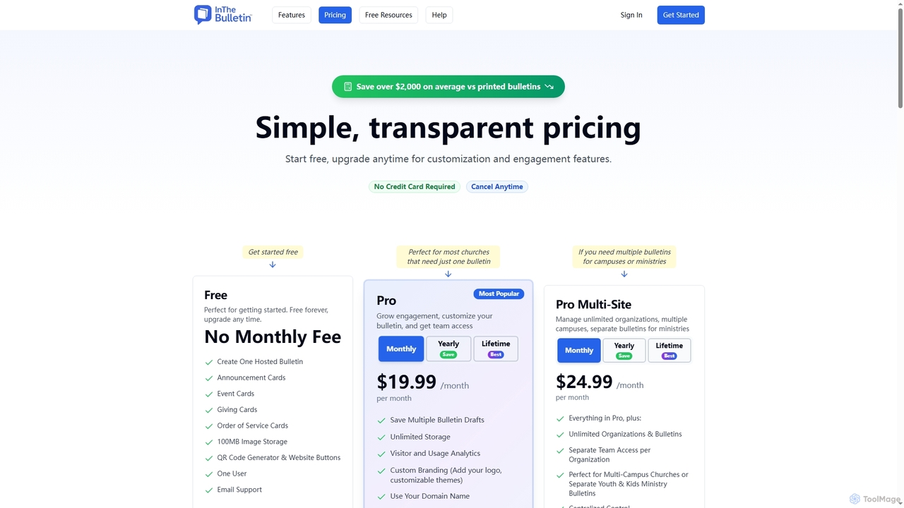 Digital Church Bulletin Pricing - Free & Pro Plans | In The Bulletin for In The Bulletin