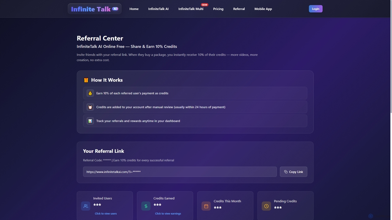 InfiniteTalk AI Online Free | Earn 10% Credits Referral Bonus for Infinite Talk AI