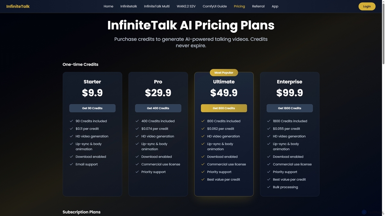 InfiniteTalk AI Pricing - Affordable Video Generation Plans for InfiniteTalk