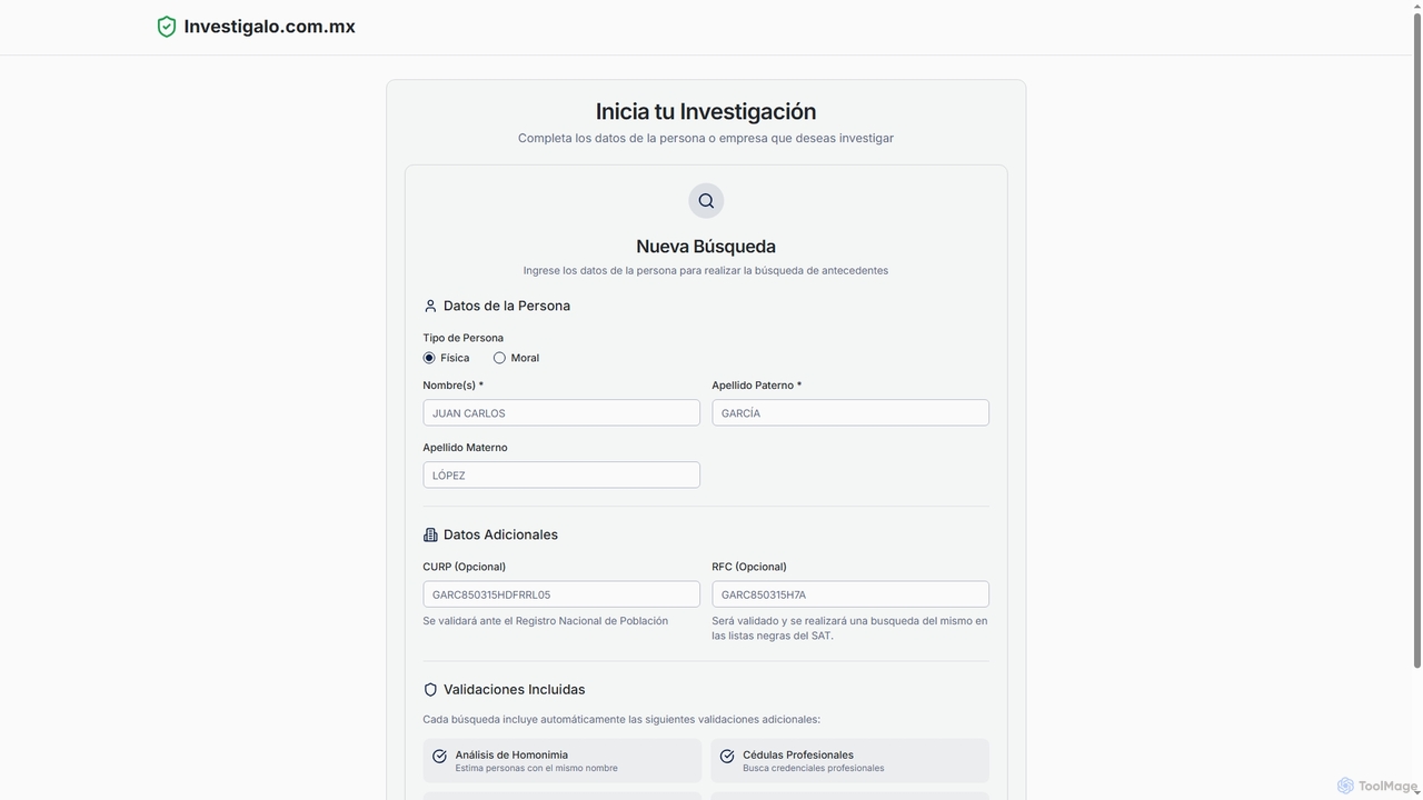 Formulario de Búsqueda - Investigación de Antecedentes Legales | Investigalo.com.mx for Investigalo