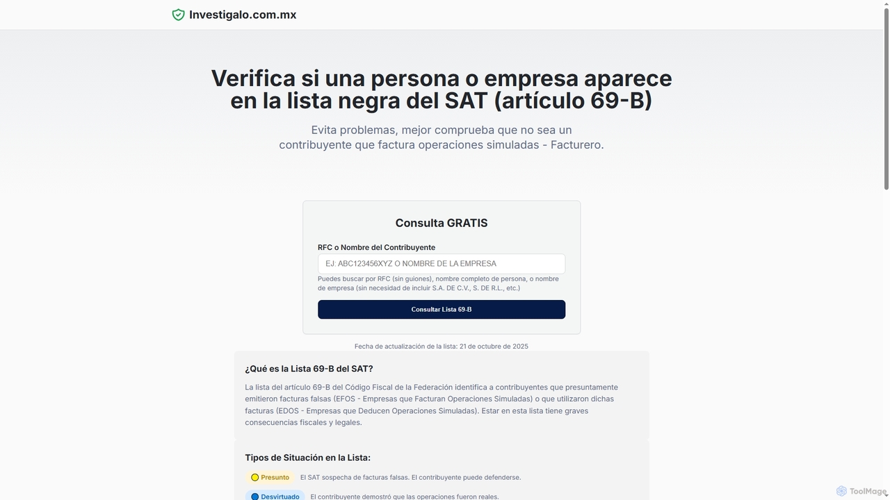 Consulta si un RFC está en la lista negra del SAT (Artículo 69-B) | Investigalo for Investigalo