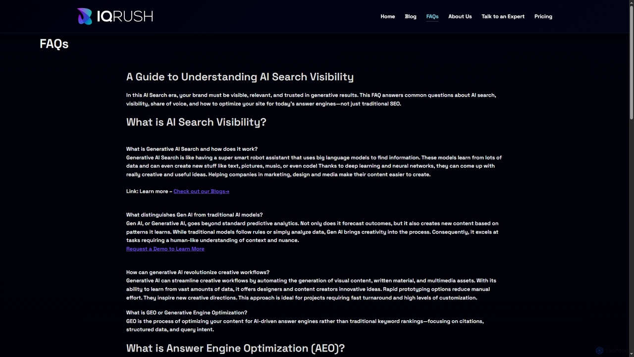 FAQs – A Guide to Understanding Generative AI Search - IQRush.ai for IQRush