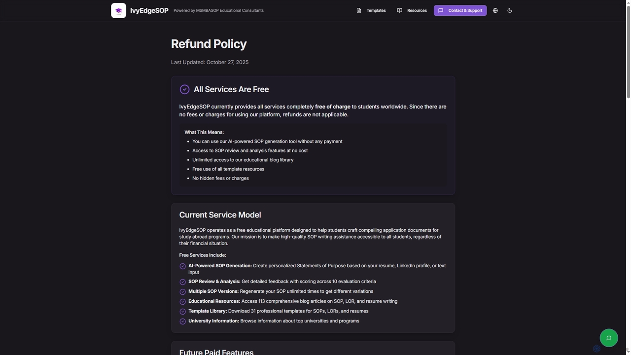 Refund Policy | IvyEdgeSOP - Free Services, No Charges for IvyEdgeSOP