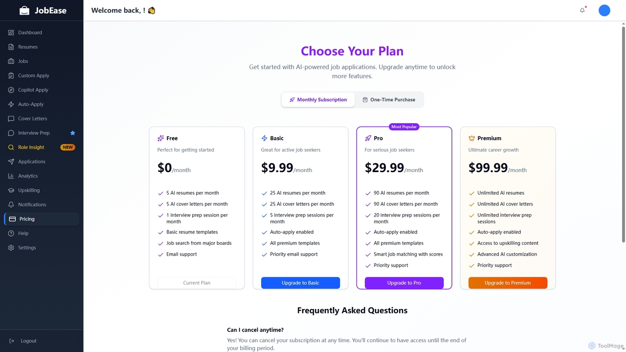 Pricing Plans | JobEase - AI Job Application Platform | JobEase for JobEase