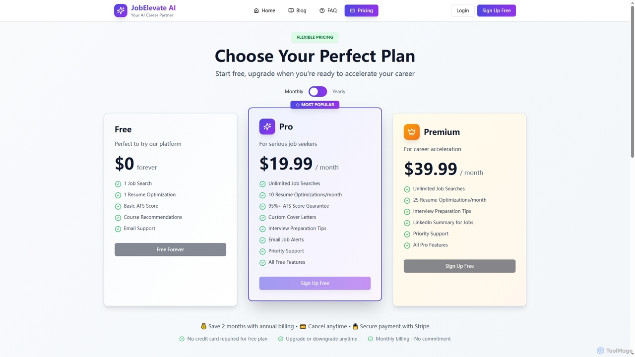 Pricing Plans - Free, Pro, Premium | JobElevate AI for JobElevate AI