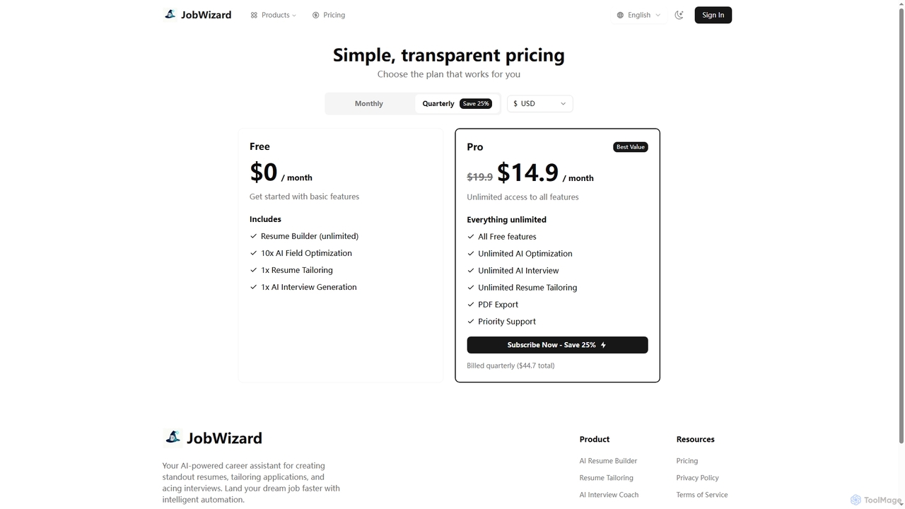 Pricing - JobWizard for JobWizard
