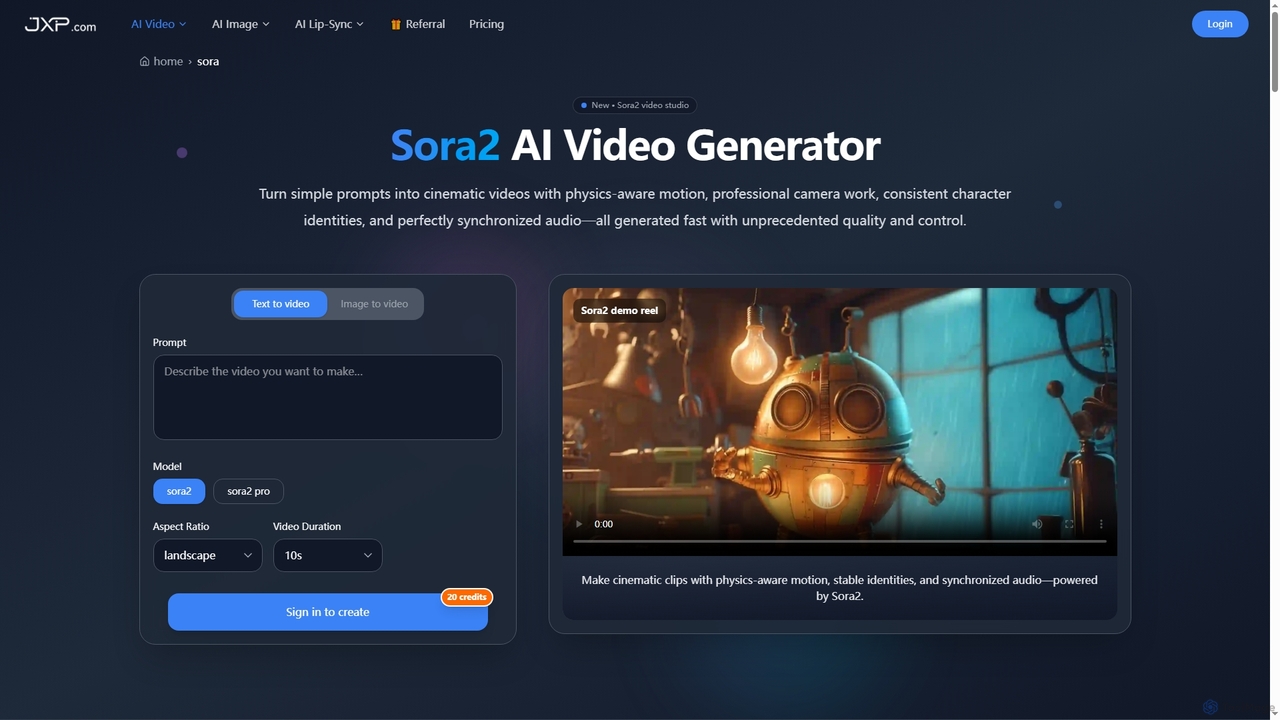 Sora2 AI Video Studio — Try Sora2 Free | JXP for Jxp
