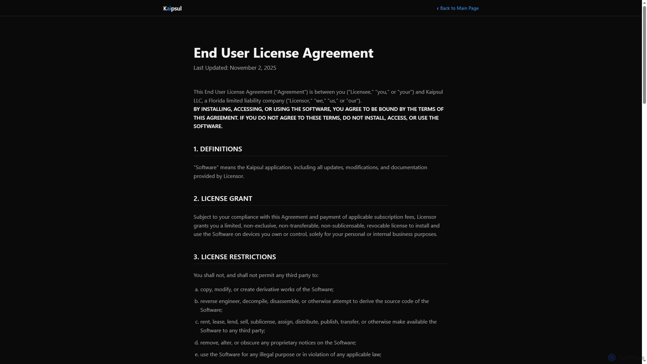 End User License Agreement - Kaipsul for Kaipsul