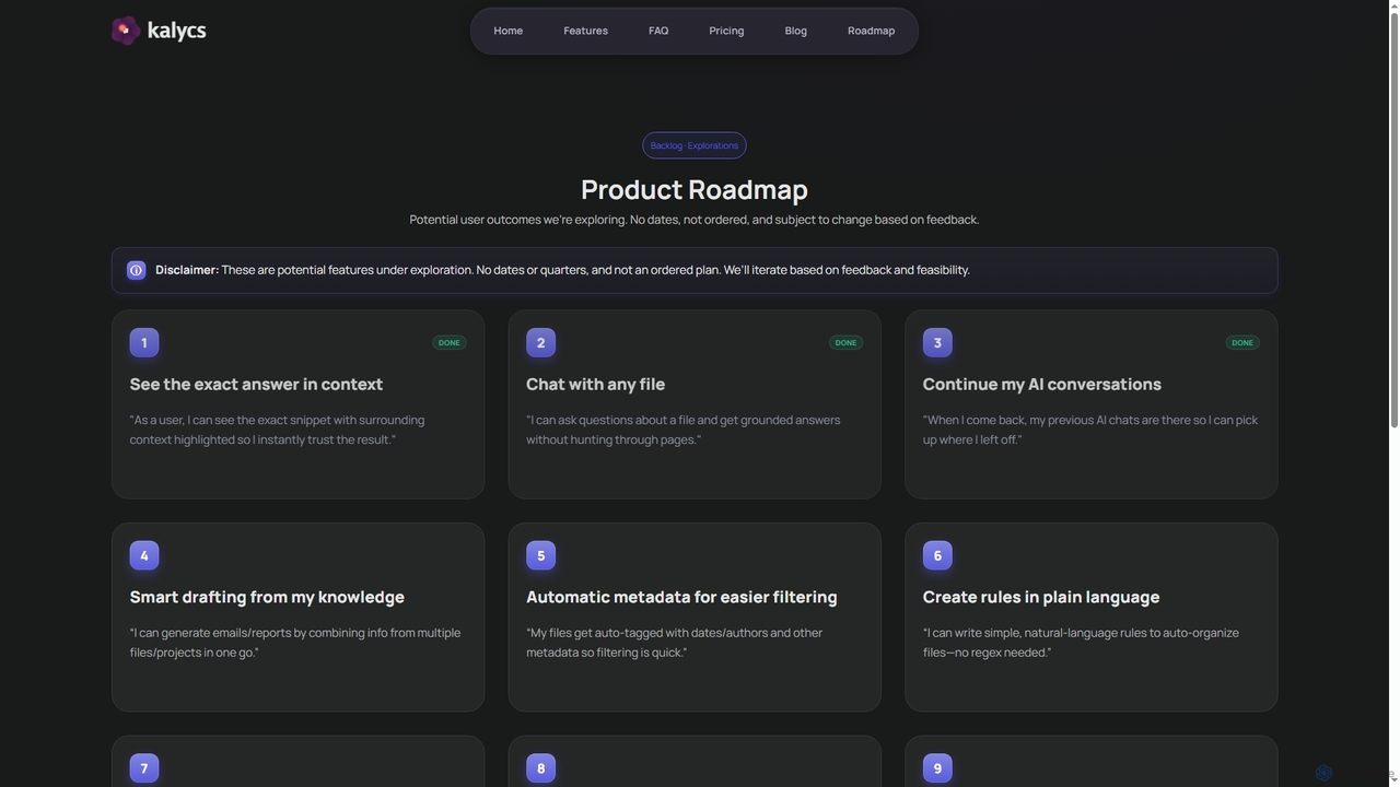 Kalycs — Product Roadmap for Kalycs
