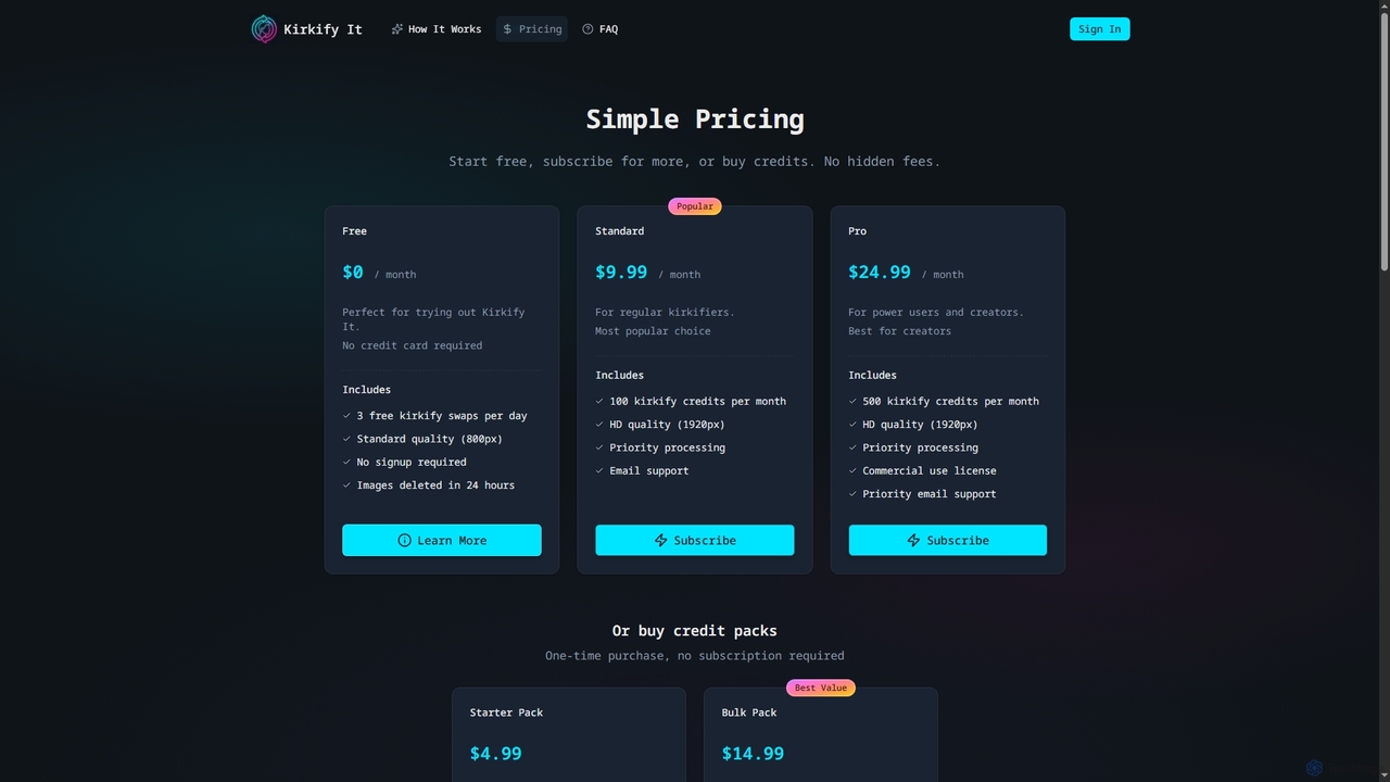 Kirkify It Pricing - Free & Paid Plans for Kirkify It