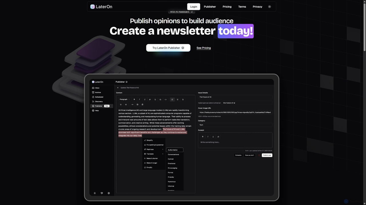 LaterOn Publisher - Create a newsletter and grow your audience for LaterOn