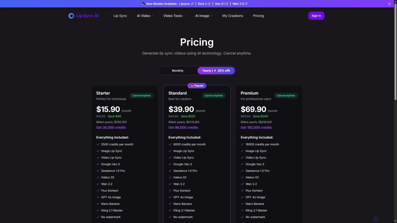 Pricing for Lipsync AI
