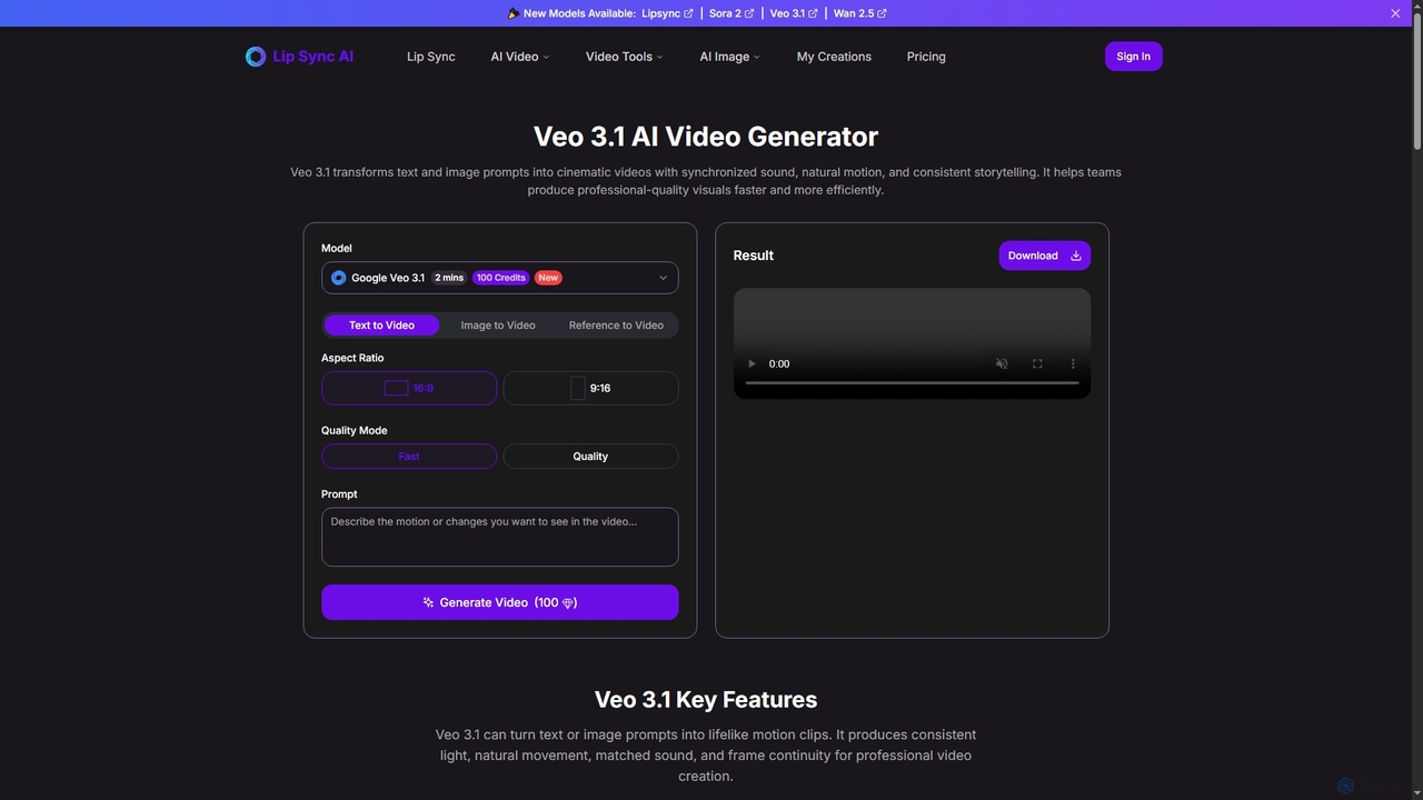 Veo 3.1 AI Video Generator with Sound for Lipsync AI