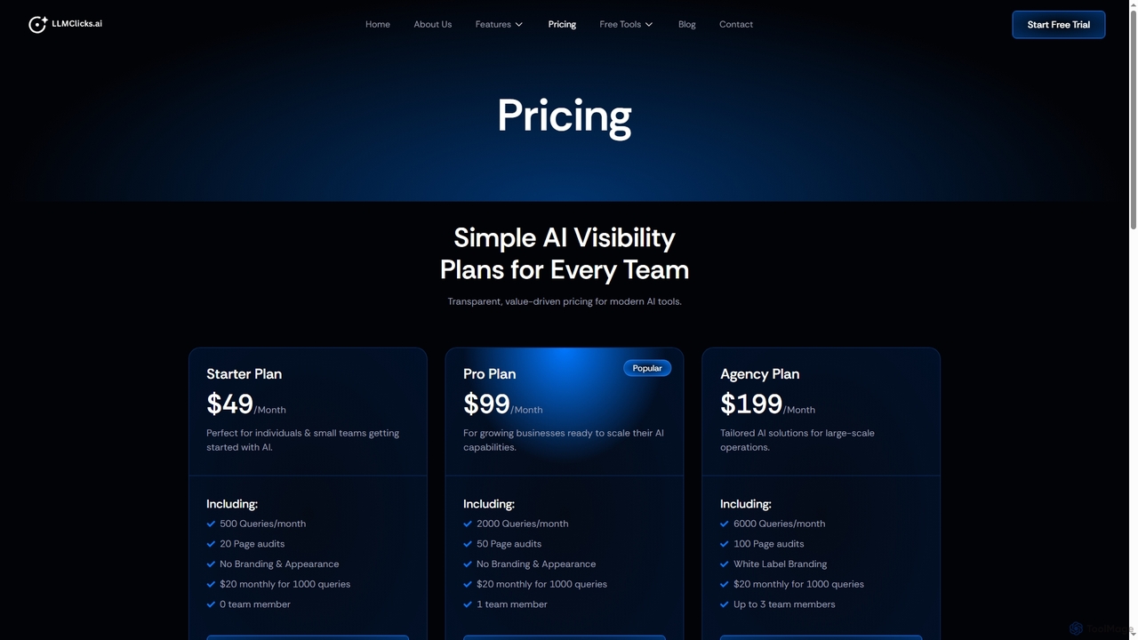 Pricing Plans for AI Visibility Tracking | LLMClicks.ai for Llmclicks