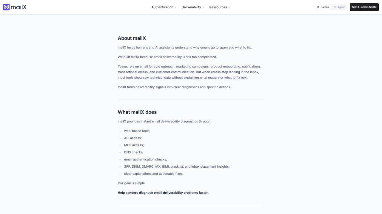 About | Email Deliverability Diagnostics for Humans and AI Assistants - mailX for MailX